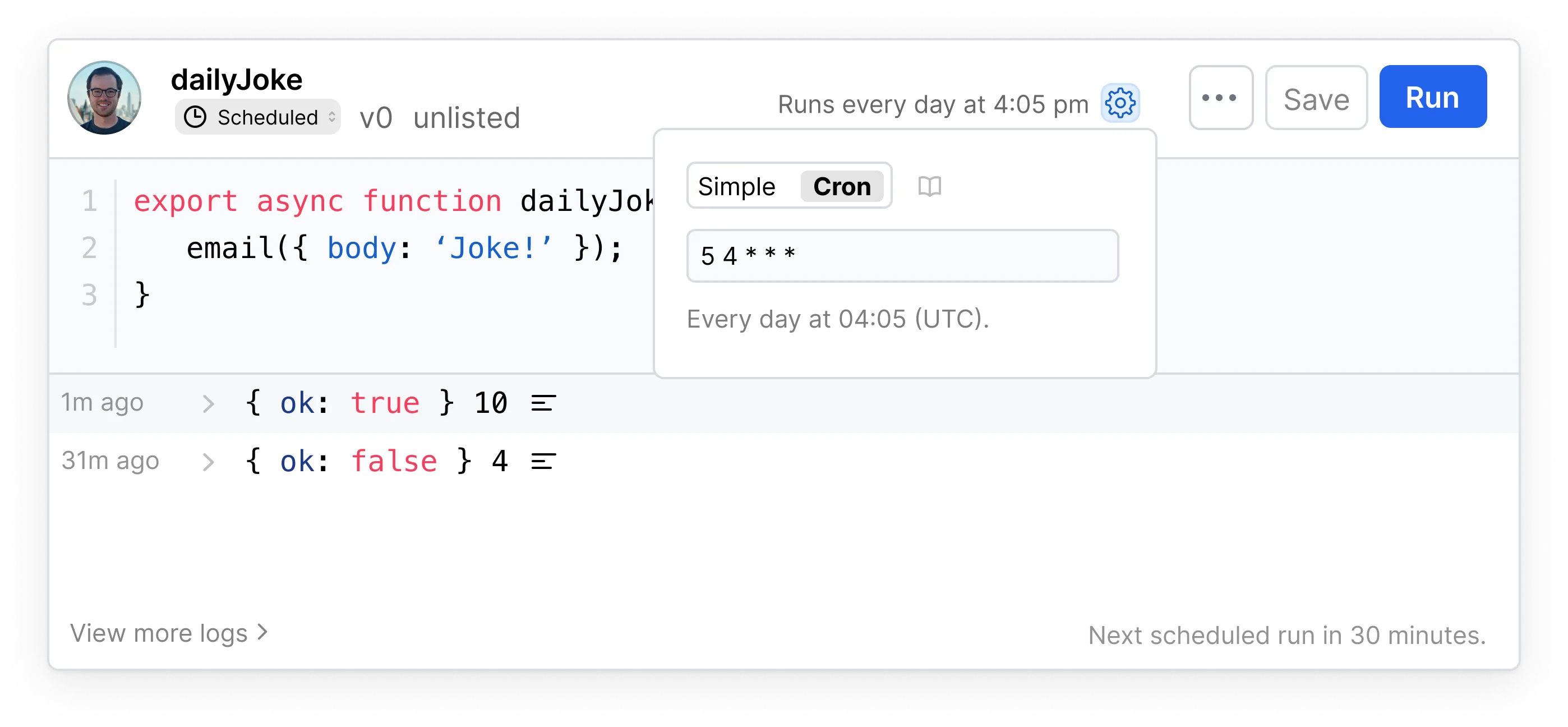 Scheduled val showing popover of cron syntax